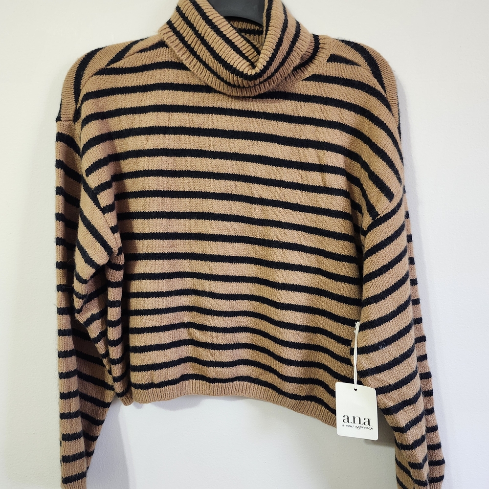 a.n.a Women's Cowl Neck Striped Sweater - Tan and Black